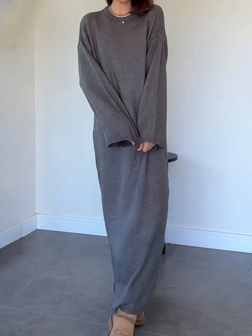 Solid-Colored Loose Knee Collar Long Knitted Dress In Autumn 2024